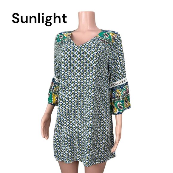 Umgee Women SZ M Mini Dress A Line Bell Sleeve Colorful Paisley Print Bohemian - Picture 1 of 16